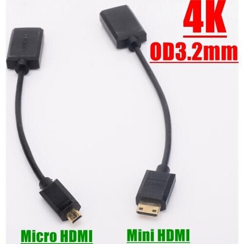 OD3.2mm 2.0V Super Extreme Slim High Speed Micro/Mini HDMI Male to HDMI Female Cable Adapter 4K 60Hz 15cm