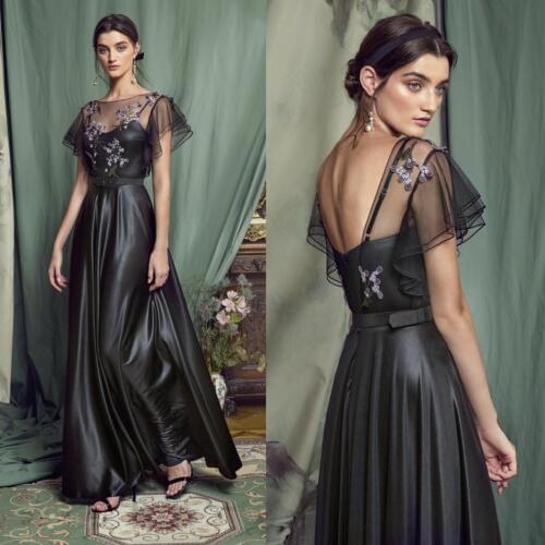 2020 Mother of the Bride Dresses Jewel Short Sleeves Lace Appliques Evening Gowns Backless Floor Length Wedding Guest Dress