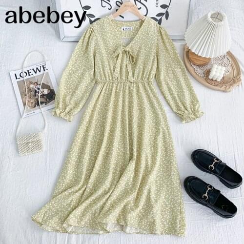 French V-Neck long sleeve Dress lace up bow high waist pleated floral print mid-length A-line Dress 2021 New Spring Autumn