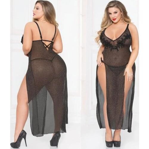 Sexy Hot Sleeping Dress For Women Lace Long Lingerie Embroidery Night Dress Deep V Open Back Plus Size Fat MM Black Sleepwear