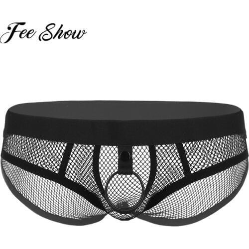 Sexy Mens Lingerie See Through Fishnet Briefs Sissy Panties Low Rise Open Crotch Bulge Pouch Bikini Briefs Underwear with O-ring