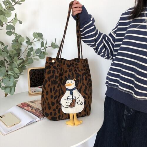 New Embroidery Corduroy Shoulder Bags Women Cute Bear Handbag Shopping Bag Book Pack Girl Reusable Foldable Eco Grocery Totes