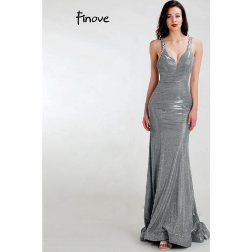 Finove Evening Dress 2020 New Reflective Dress Sexy Beading V Neck Backless Party Mermaid Dress For Lady Floor Length Plus Size