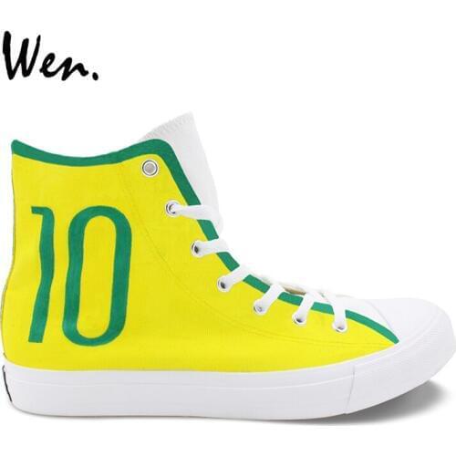 Wen Custom Design Brazilian Football Number 10 Soccer Hand Painted Athletic Shoes Canvas Unisex Sneakers High Top Skate Shoes