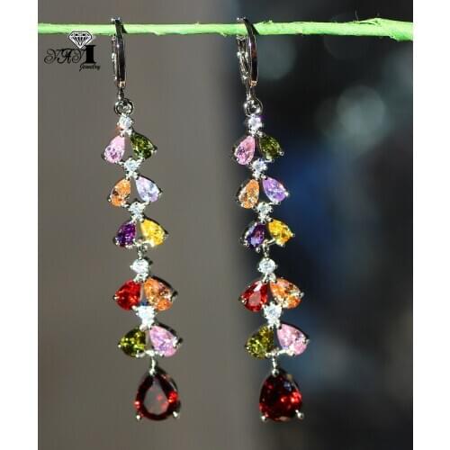 YaYI Jewelry Fashion Princess Cut long Multi-color Zircon Silver Color long Ear Earrings wedding Party Earrings Gifts 14