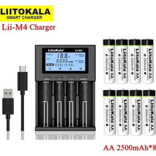 LiitoKala Lii-M4 li ion battery Charger Smart Charger Test capacity + Lii-AA AAA 1.2V NiMH 900mAh 2500mAh Rechargeable batteries
