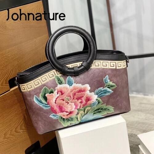 Johnature Leather Women Bag 2020 New Handmade Embroidery Luxury Handbag Leisure Large Capacity Lady Shoulder Messenger Bags
