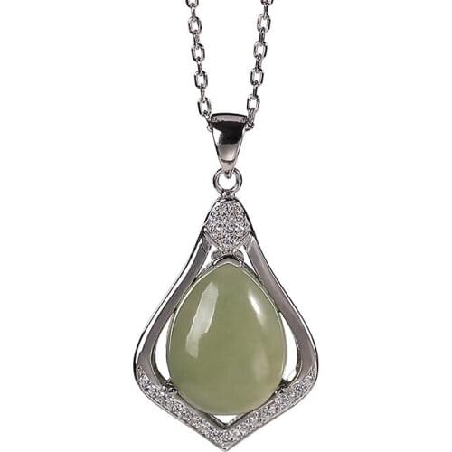 S925 sterling silver Hetian jade gray jade pendant fashionable temperament drop-shaped female choker Valentines Day gift