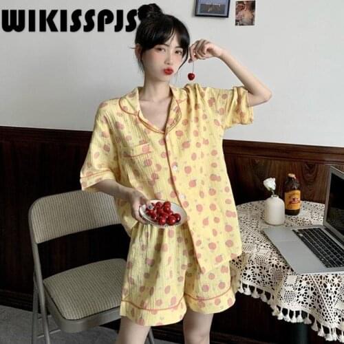 WIKISSPJS 2021 New Summer Short Sleeve Pajamas Suit for Women Two Piece Set Summer Bedroom Set Sleep Tops lounge wear
