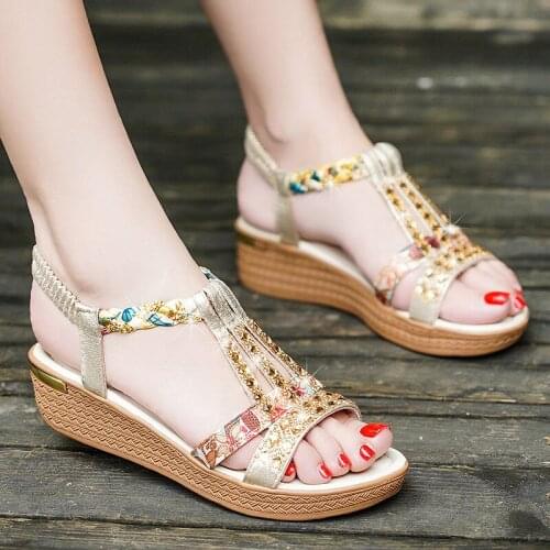 2021 Bohemian Women Sandals Gemstone Beaded Wedges Slippers Summer Beach Sandals Women Flip Flops Ladies Flat Shoes