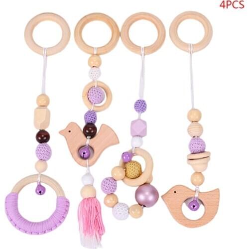 4 Pcs/Set Baby Gym Frame Stroller Hanging Pendants Wooden Ring Teether Infant Molar Teething Nursing Rattle Toys Gifts