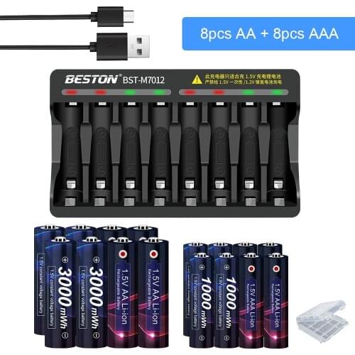 AJNWNM 1.5V AAA Battery 1000mWh and AA 1.5V Rechargeable Battery 3000mWh with LED Charger for 1.5v Li-ion AAA AA Battery