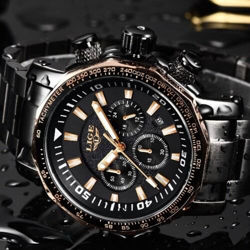 LIGE Top Luxury Brand Mens Quartz Watches Business Big Dial Fashion Casual Waterproof Stainless Steel Black Watch Male Clock