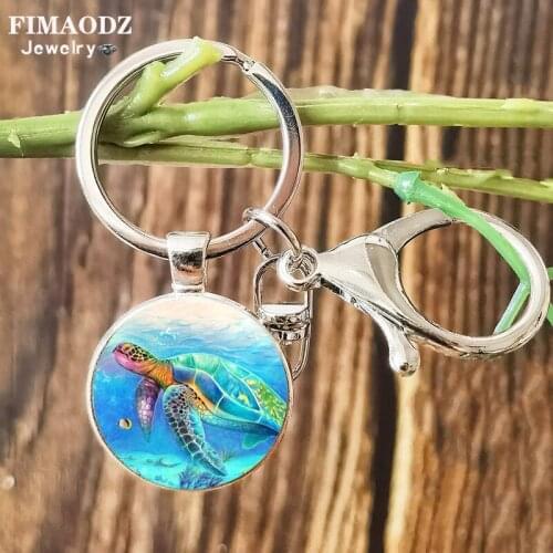 FIMAODZ Sea Turtle Keychain I Love Dolphin Art Picture Glass Cabochon Lobster Clasp Key Chain Fashion Bag Keyring Christmas Gift