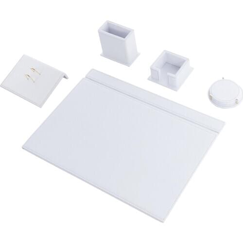 Calme-N 5 Pcs Handmade White Leather Desk Set, Desk pad in 49cm x 34cm, Penholder, Cube Note Holder, Coaster