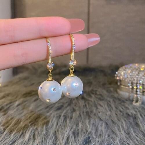 Korean Luxury Gold Color Pearl Drop Earrings For Women Girl New Fashion Bijoux Shiny Crystal Zircon Earring Wedding Jewelry Gift