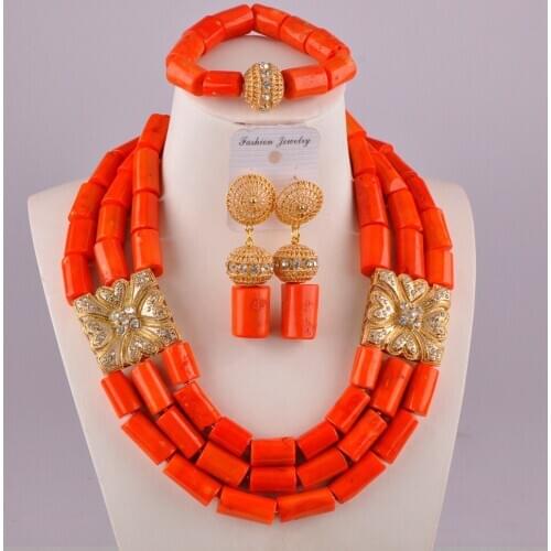 Good-looking nigerian orange coral beads jewelry set costume necklace african wedding coral set C21-21-02