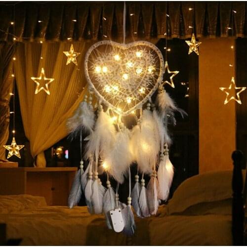 Dream Catcher With LED Heart Feathers Handmade Night Light Wall Hanging Decor