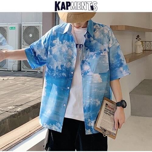 KAPMENTS Men Overiszed Streetwear Sky Full Printed Shirts 2021 Spring Mens Fashion Harajuku Short Sleeve Shirt Man Casual Blouse