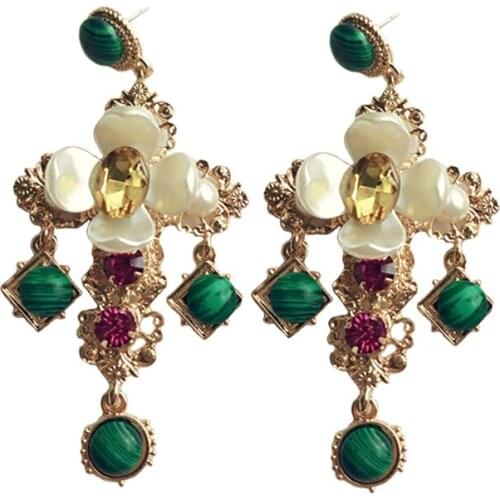 New Arrival Cross Green Crystal flower Long Drop Earrings for Women Vintage Big Large gold Earring Gifts Bijoux