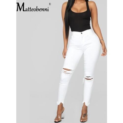 2020 Fall Slim Jeans Women Denim Pants Holes Destroyed Knee Pencil Pants Casual Trousers Black High Waist Stretch Ripped Jeans