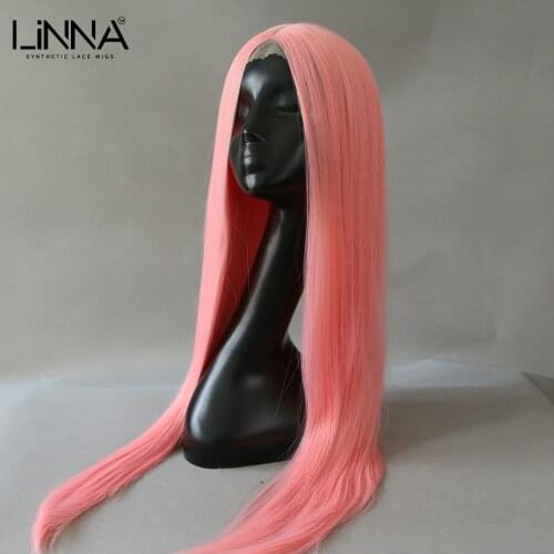 LINNA Synthetic Lace Wig 26 Inch Pink Long Straight Lace Wig For Women High Temperature Fiber Natural Hair Cosplay Wigs