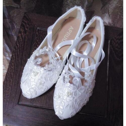 Sexy white lace with ivory pearls flats wedding shoes woman sexy long riband ribbons ankle straps bridal ladies flower girl shoe