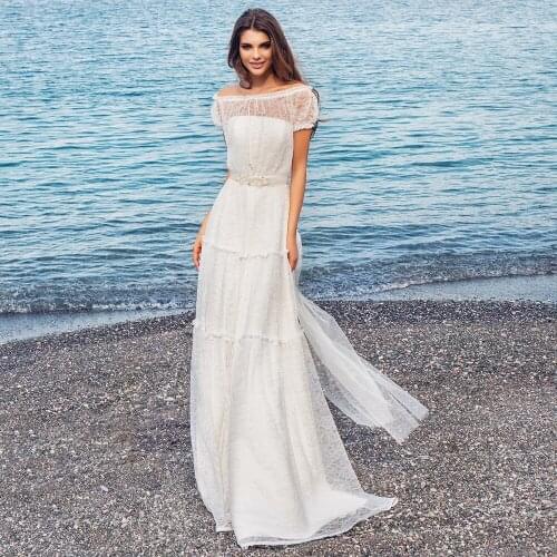 Boho Tull Wedding Dresses Off the Shoulder Boat Neck Lace Appliques A Line Beach Bridal Gown Floor Length Wedding Gowns