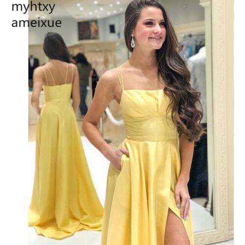Event Plus Size Simple A-line Yellow Prom Dress Spaghetti Straps Long Formatura Front Split Pleats Satin Robe Soiree Sweep Train