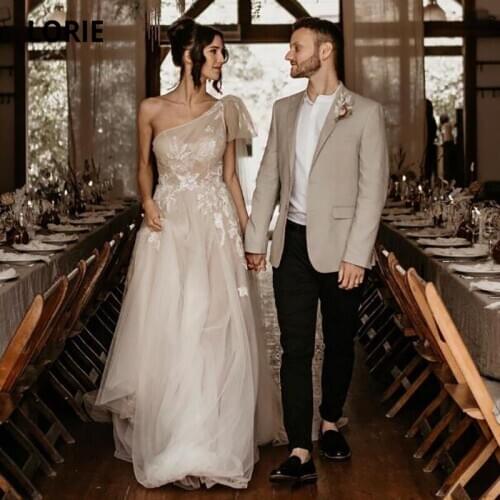 LORIE Vintage Wedding Dresses One Shoulder Appliques Tulle Lace Backless Boho Bride Gown 2021 vestidos de novia