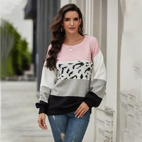 Leopard Print Patchwork Sweater Women Colorblock Long Sleeve Jumper Knitted Sweaters Casual Loose Pullover Tops Female Winter