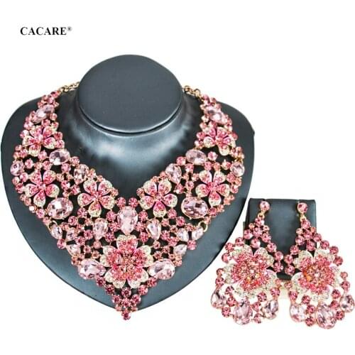 Vintage Jewelry Sets Women Big Necklace Earring Set Dubai Gold Indian Jewellery F1088 Rhinestone Party Jewels 6 Colors CACARE