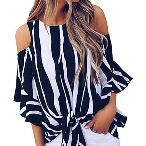 Women Blouse Tunics Shirts Top Loose Blouse Off Shoulder Bowknot Shirt Three Quarter Sleeve Flare Sleeve Striped Top Women Tops