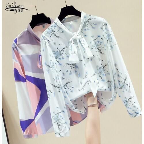 Spring and Autumn New Elegant Bow Printed Chiffon Shirt Casual Shirt Women Shirt Korean-Style Long Sleeve Lace-up Shirt 11172