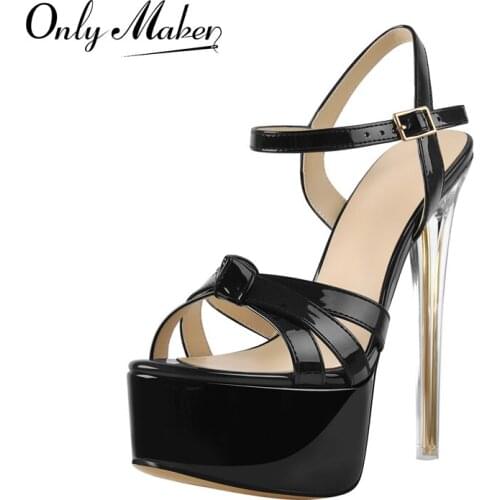 Onlymaker Summer Platform Sandals For Women Black Patent Leather Narrow Band Ankle Buckle Clear Metal Thin High Heels Shoes