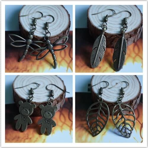 Antique Bronze earring Metal Feather Earrings for woman lady Retro vintage Jewelry Dangle Earings