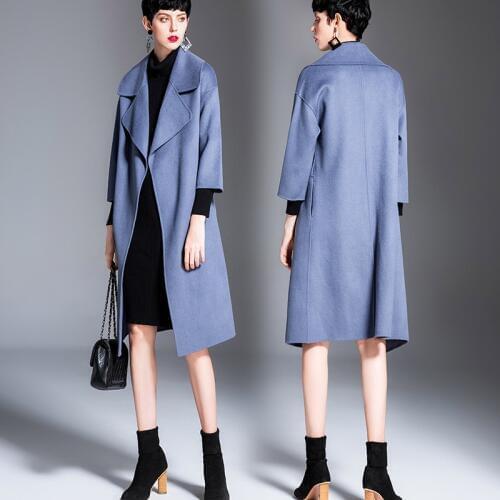 Womens winter overcoats blue belt Double-sided wool cashmere outwear 2019 autumn plus size ladies fashion long free ship
