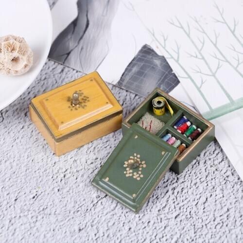 1:12 Miniature Vintage Sewing Box with Lid Winered Dollhouse Decoration Accessories Best Sale