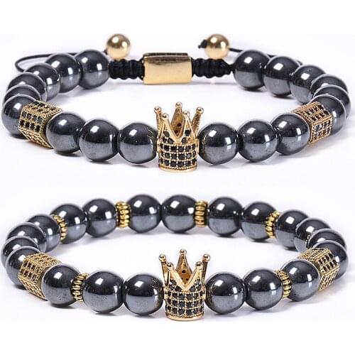 2pcs/Set Natural Hematite Beads Braided Bracelets With CZ Crown Charm Yoga Bracelet Magnetic Healing Reiki Couple Bracelet