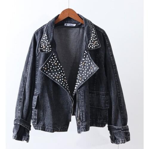 2020 Heavy industry Loose Denim Short Jacket Female Autumn New Korean Fashion Beading Water Wash Women Vintage Denim Coats A089