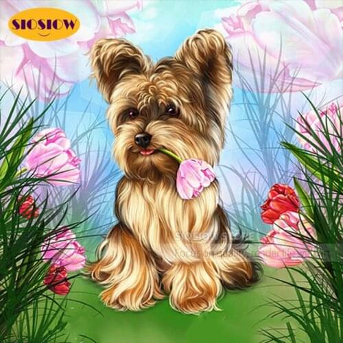 5d Diamond Embroidery Dog Flower Mosaic Rhinestones Diamond Painting Full Square Yorkshire Terrier Cross Stitch Beaded Pictures