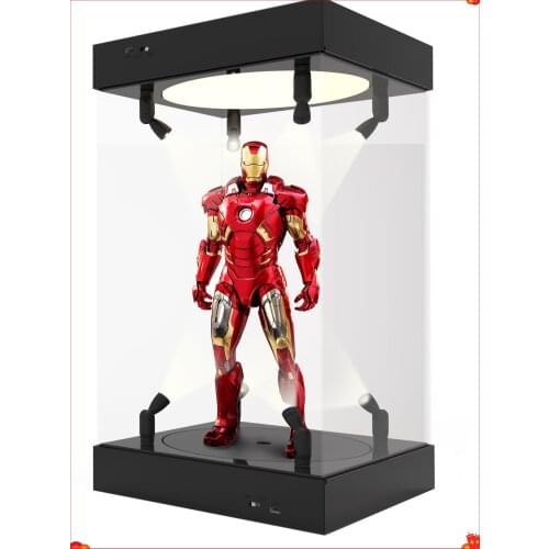 Acrylic Display Case Self-Install Clear Cube Box with Turntable LED Lights Dustproof for Action Figure Die Cast Model Iron Man