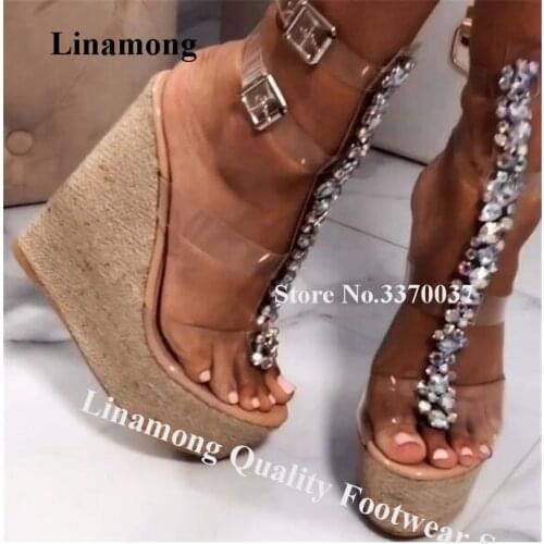 Linamong Bling Bling Rhinestone PVC Straps High Platform Wedge Sandals Transparent Diamond Buckles Wedges Height Increased Heels