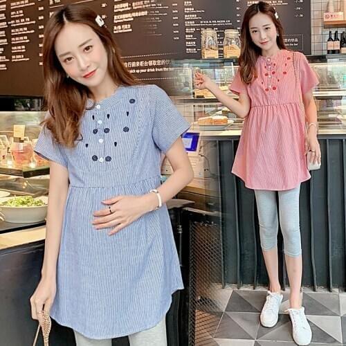 906# Embroidery Vertical Stripes Maternity Blouses Summer Casual A Line Ties Waist Shirt for Pregnant Women Pregnancy Tops Tunic