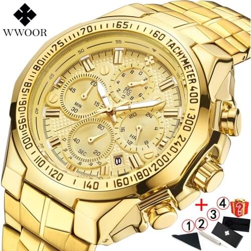 Relogio Masculino 2019 Men Watches Top Brand Luxury WWOOR Chronograph Big Dial Gold Male Wristwatch Sport Golden Men Watch 2019