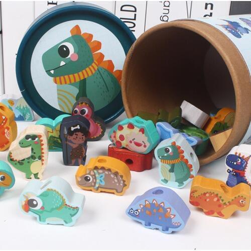 Kids Montessori Wooden Toys Cute Cartoon Animals Dinosaur DIY String Beads Kits Baby Educational Toys For Children Funny Bricks