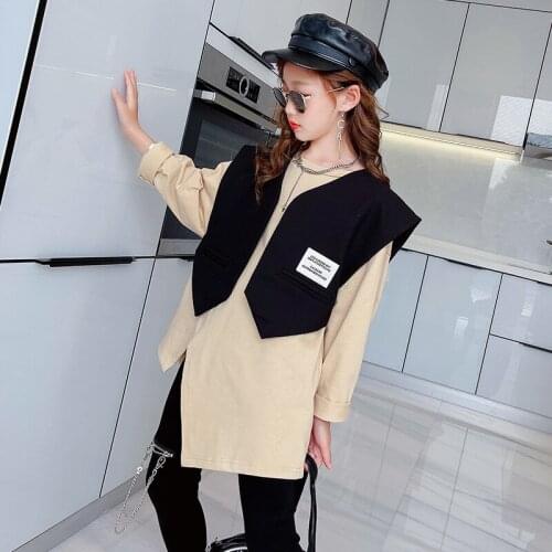 Kids Sets 2021 Fall New Teenage Girls Dress And Vest 2Pcs Suits Big Girl Outfits 6 8 10 12 14 16Year