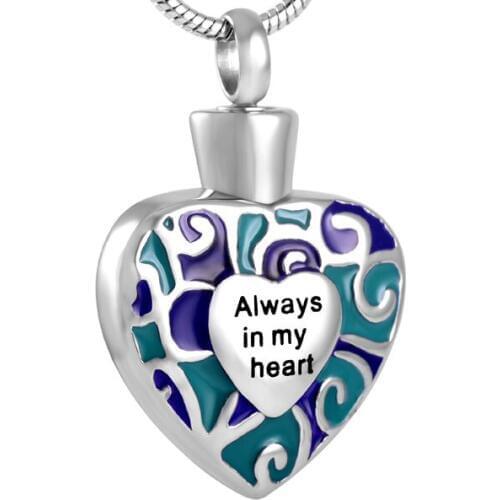 IJD8341 Multicolored Enamel Heart Shape 316L Stainless Steel Memorial Urn Jewelry Pendant Always in My Heart Cremation Pendant