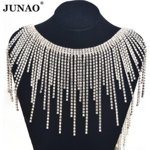 JUNAO 45cm/lot Glitter Clear Glass Rhinestone Chain Trim Tassel Fringe Metal Strass Ribbon Crystal Applique Banding for Crafts