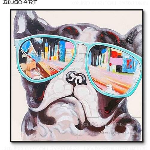 Lovely Animal Dog Picture Hand-painted High Quality Animal Dog with Glasses Oil Painting on Canvas Dog Painting for Decoration